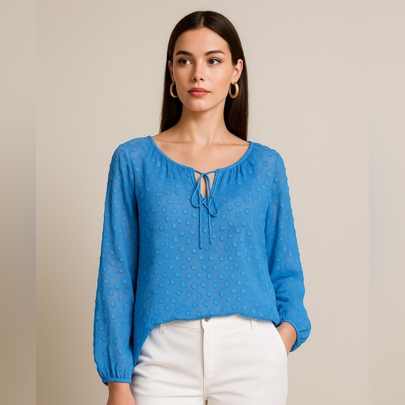 J.Crew Factory Women's Blue  Chiffon Peasant Blouse Clip-Dot Keyhole  🌟 - Picture 1 of 13